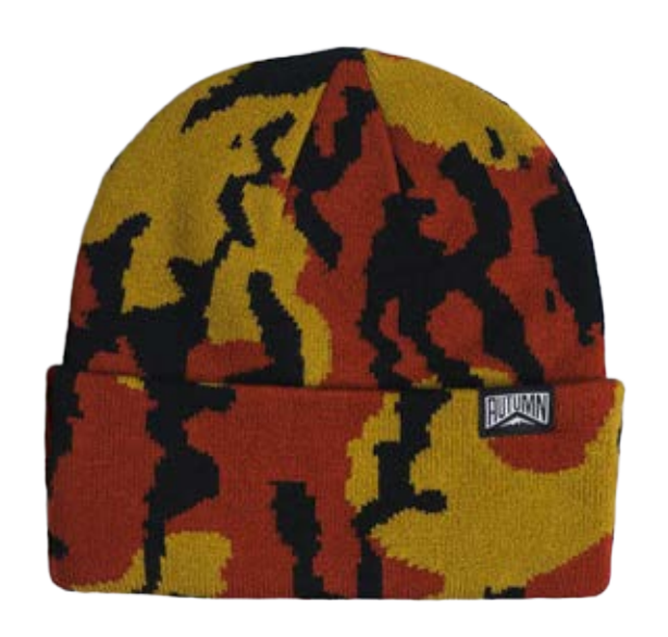 Autumn Old Growth Camo Beanie for men and women with a mustard and brown camouflage pattern and cozy knit texture.