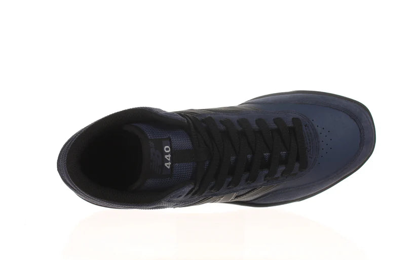 New Balance Numeric 440 High V2 skate shoes in indigo and black with a sleek design and durable rubber sole.