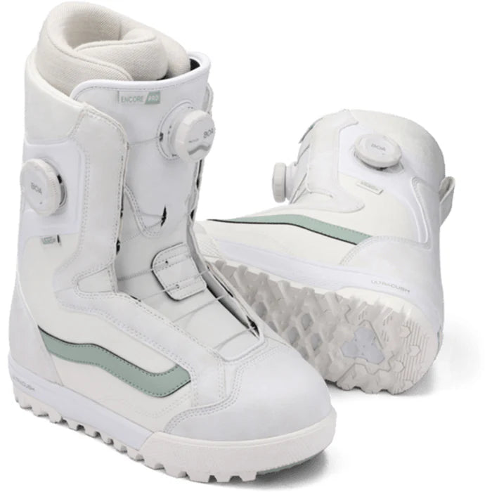 Vans Encore Pro women's snowboard boot in white, gray, and olive with 30th anniversary branding, designed for winter snowboarding.