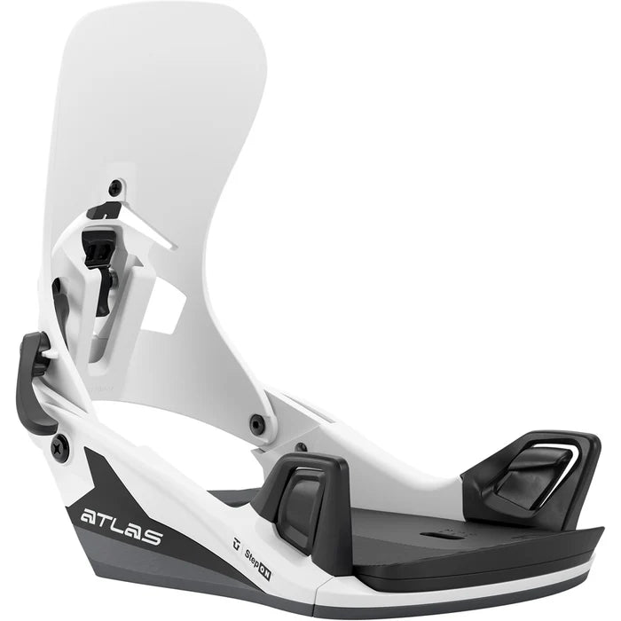 Union Atlas Step On snowboard bindings mounted on a snowboard, designed for snowboarding with a sturdy, high-performance Union brand setup.