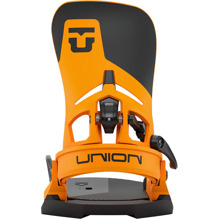Union Atlas Step On snowboard bindings attached to a snowboard, designed for easy snowboarding sessions and secure fit.
