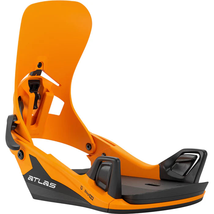 Union Atlas Step On snowboard bindings mounted on a snowboard, designed for snowboarding with durable construction and secure fit.