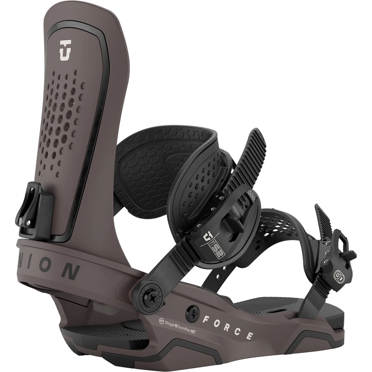 Union Force snowboard bindings 2026, durable black bindings with adjustable straps and high-performance design for snowboarding.