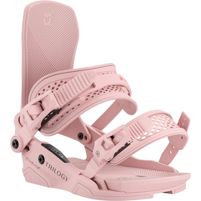 Union Trilogy women's snowboard bindings for 2026, shown in a close-up view, featuring adjustable straps and durable construction.