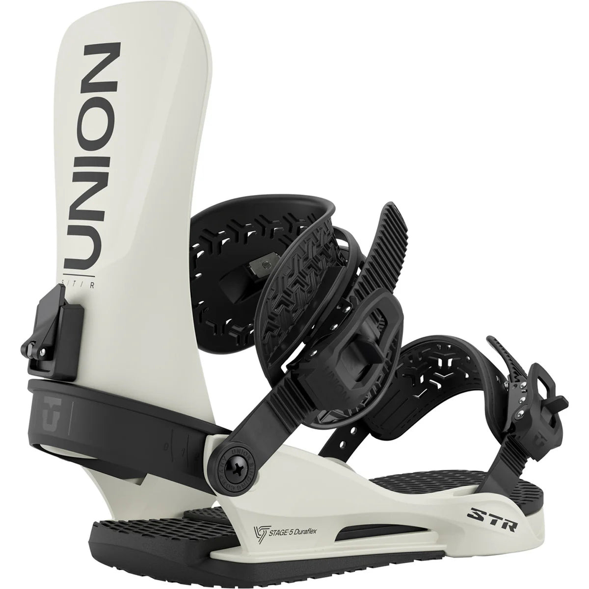 Union STR Snowboard Bindings for snowboarding, featuring adjustable straps and durable construction, shown on a snowboard.