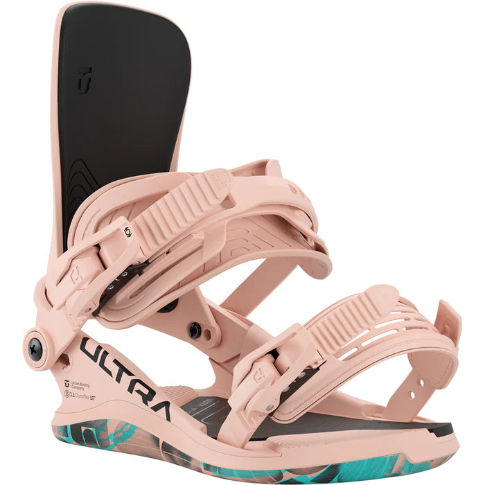 Union Ultra Women's Snowboard Bindings 2026, black and silver, with straps and high-back support, designed for snowboarding.