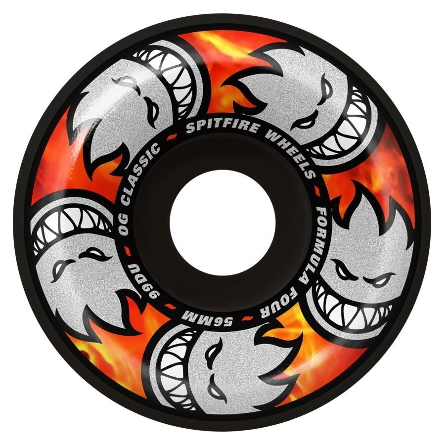 Black Spitfire Formula Four 99 Multiball OG Classic skateboard wheels with a smooth design and high-performance grip.