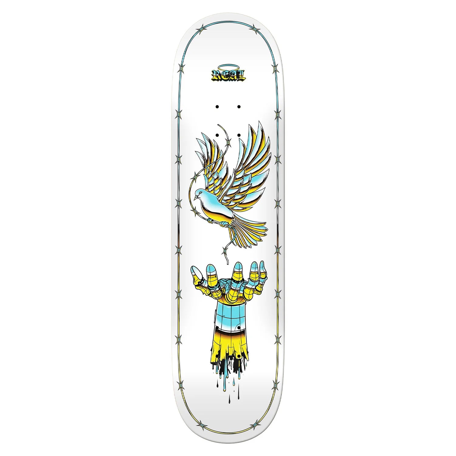 Real Team Synthetic Peace skateboard deck in 8.25 inches with a detailed graphic design, ideal for skateboarding enthusiasts.