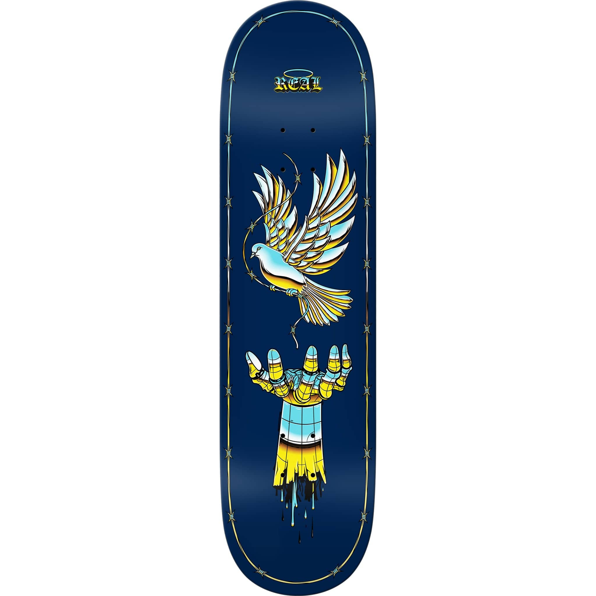 Real Team Synthetic Peace skateboard deck in 8.5 inches, featuring vibrant graphic design on a durable skateboard deck.