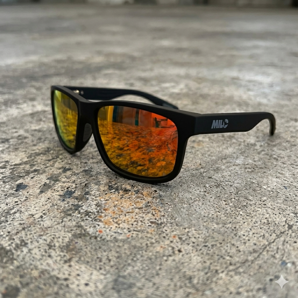 Black sunglasses with orange-tinted lenses on a concrete surface