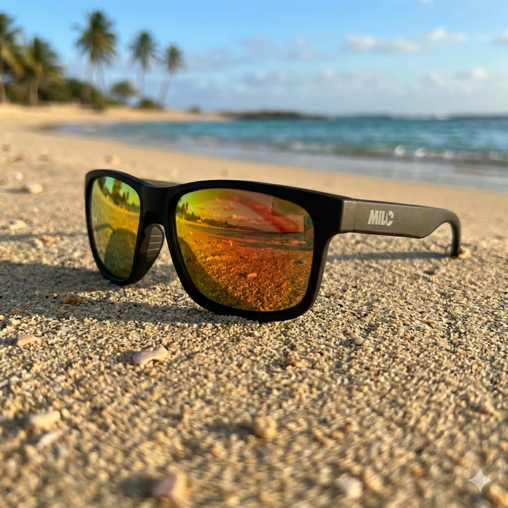 Sunglasses with reflective lenses on a sandy beach with palm trees and ocean in the background