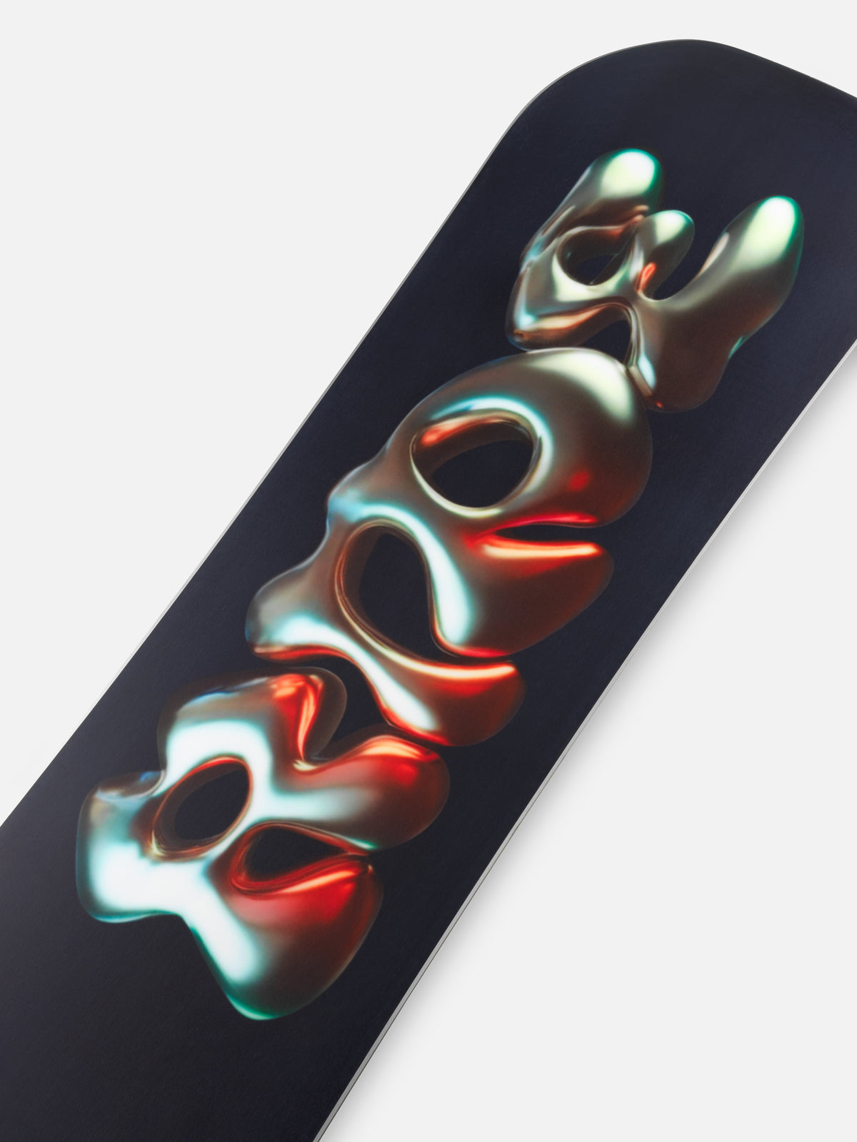 Ride Algorythm Snowboard 2027 snowboard with blue base and tail design, showcasing its sleek shape and snowboard graphics.