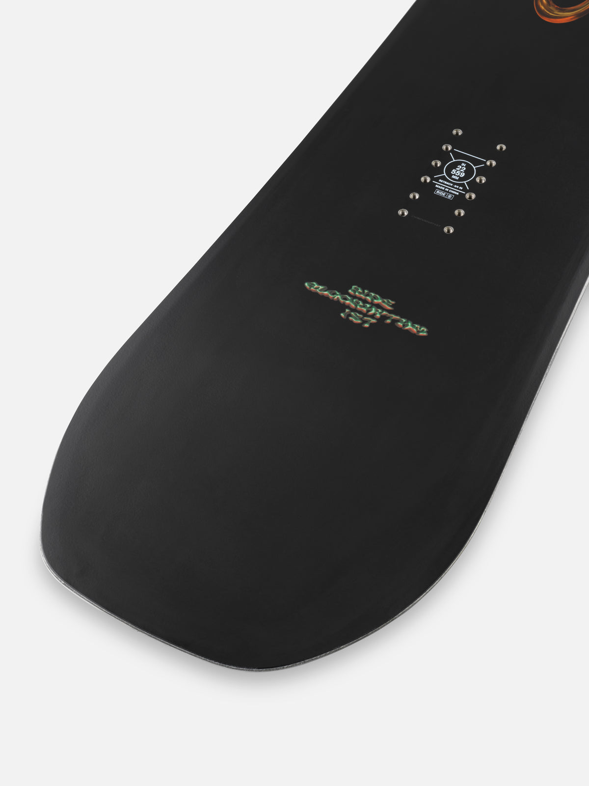 Ride Algorythm Snowboard 2027, side view showing tail and top sheet design, with graphic details visible.