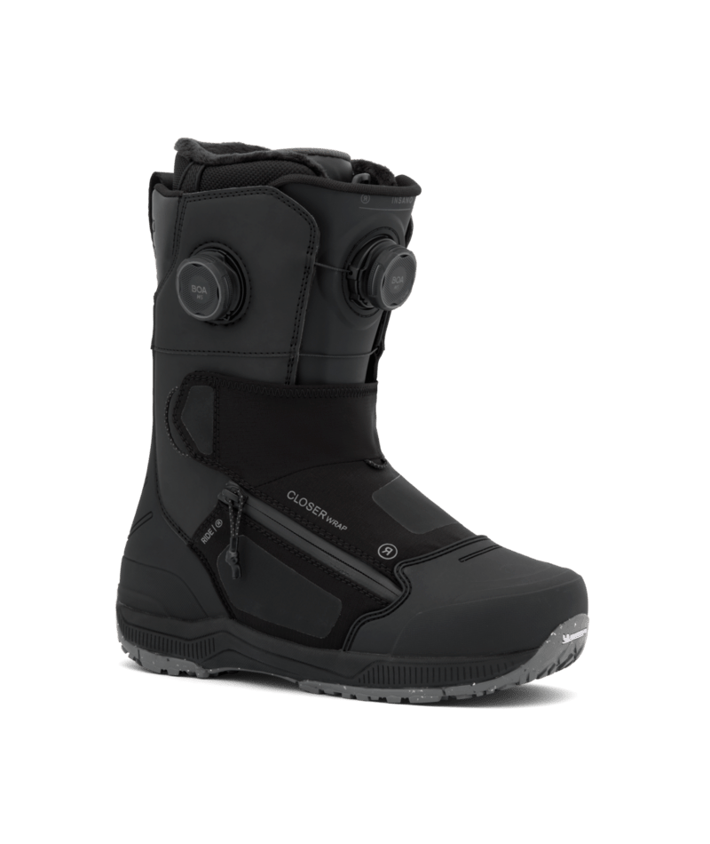 Ride Insano Snowboard Boots 2027 overview showing black and white snowboard boots with lacing system and Ride branding.
