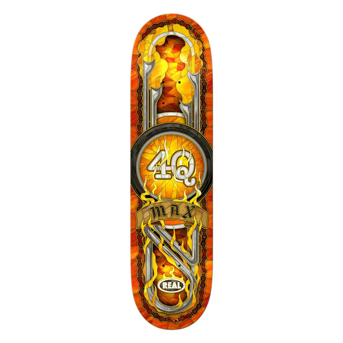 Real Max Schaff 4Q Cathedral skateboard deck in 8.5 inches, featuring a detailed graphic design on a sturdy skate deck.