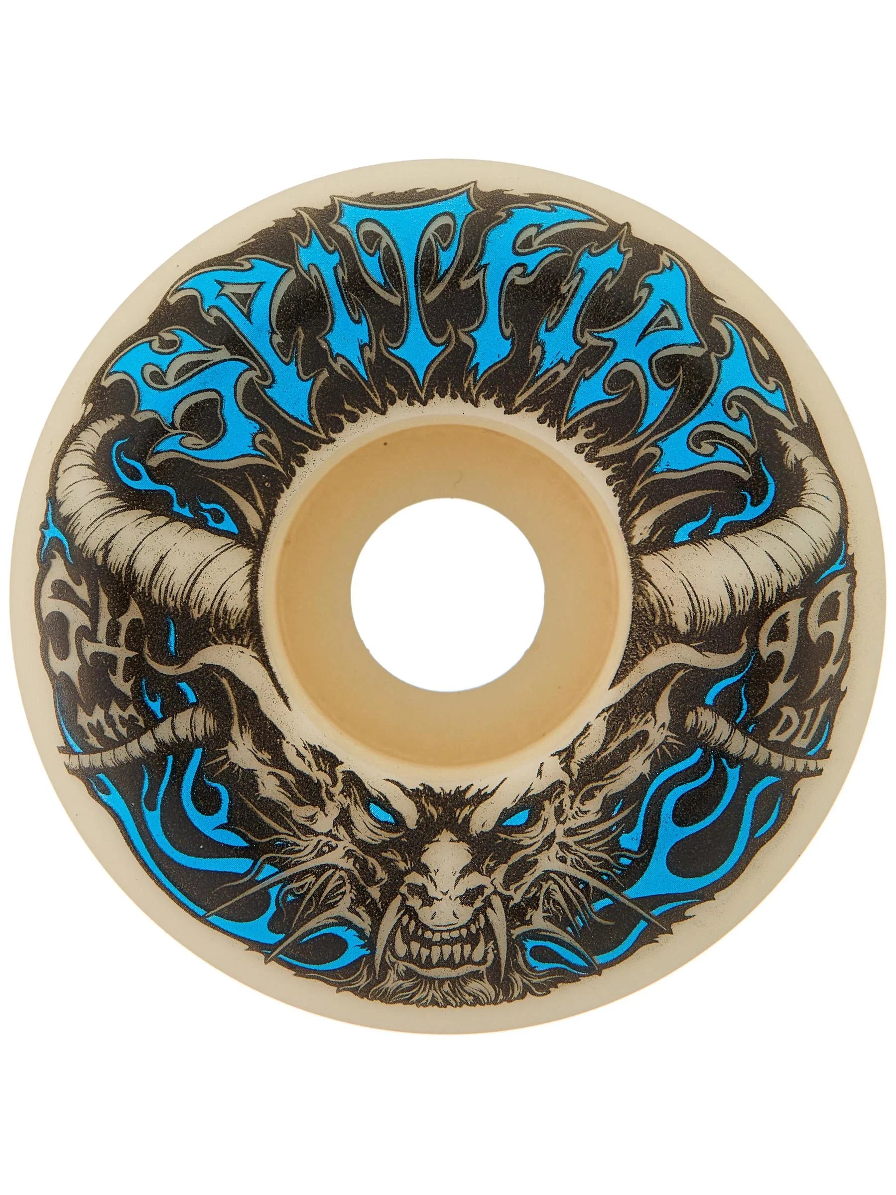 Spitfire Formula Four Demon Redux Conical Full 99a skateboard wheels, black with red branding, shown mounted on a skateboard.