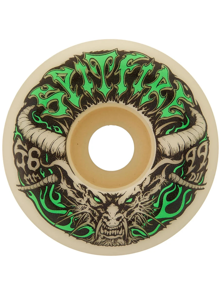 Spitfire Formula Four Demon Redux conical full skateboard wheels in 99a with black and red design on smooth skating surface