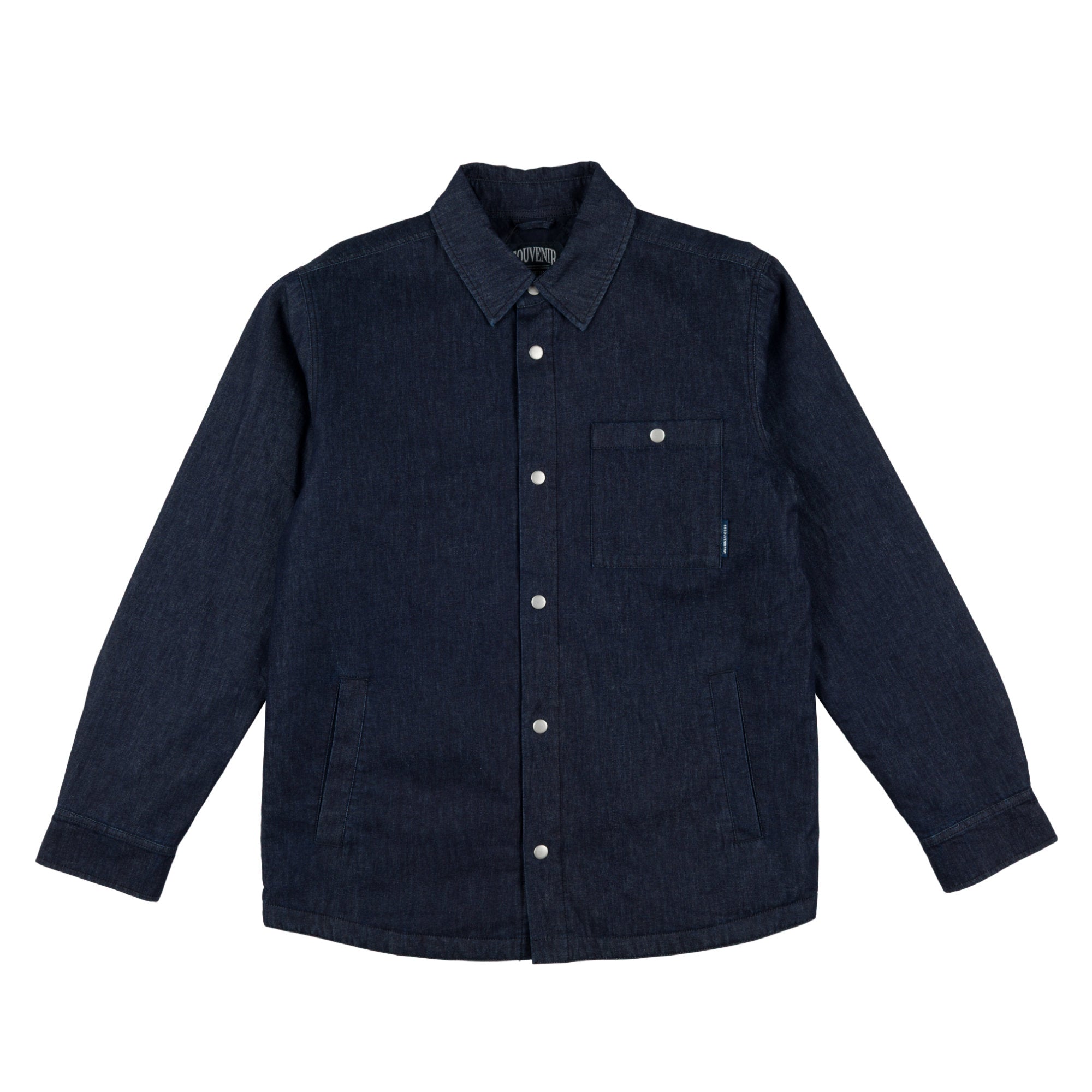 A dark navy blue long-sleeve button-up souvenir shirt jacket with a chest pocket and snap buttons, laid flat against a white background.