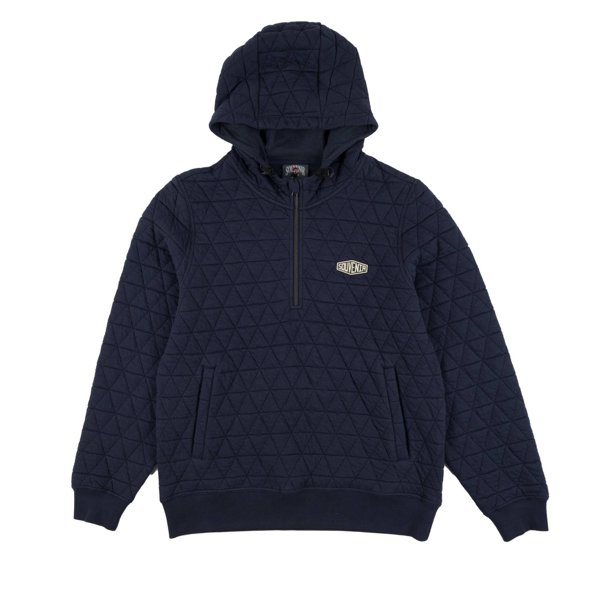 A navy blue quilted half-zip hoodie with a small embroidered souvenir logo on the left chest, displayed against a solid white background.