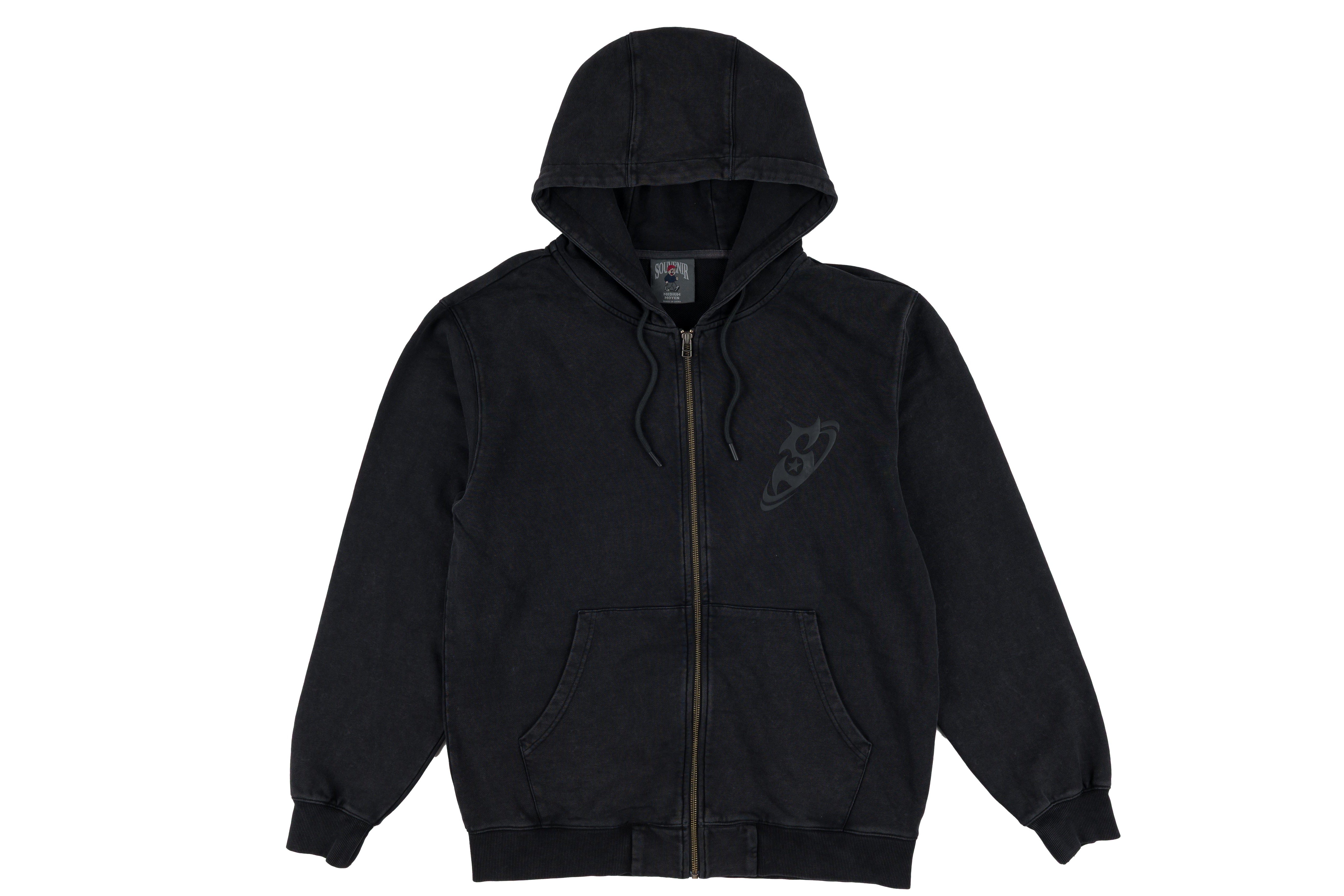 Souvenir Dirty Zip Hoody 2027, unisex casual hoodie with a distressed design, featuring a front zipper and logo detail.
