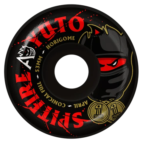 A single black skateboard wheel with red and gold graphics, featuring the text 'spitfire' and 'YUTO HORIZOME' on a white background.
