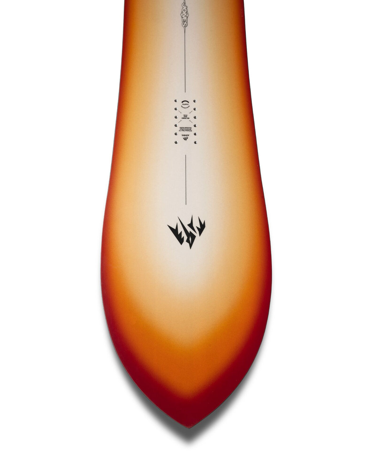 Jones Storm Chaser snowboard with detailed top sheet view, showcasing its design and tip shape for winter snowboarding.