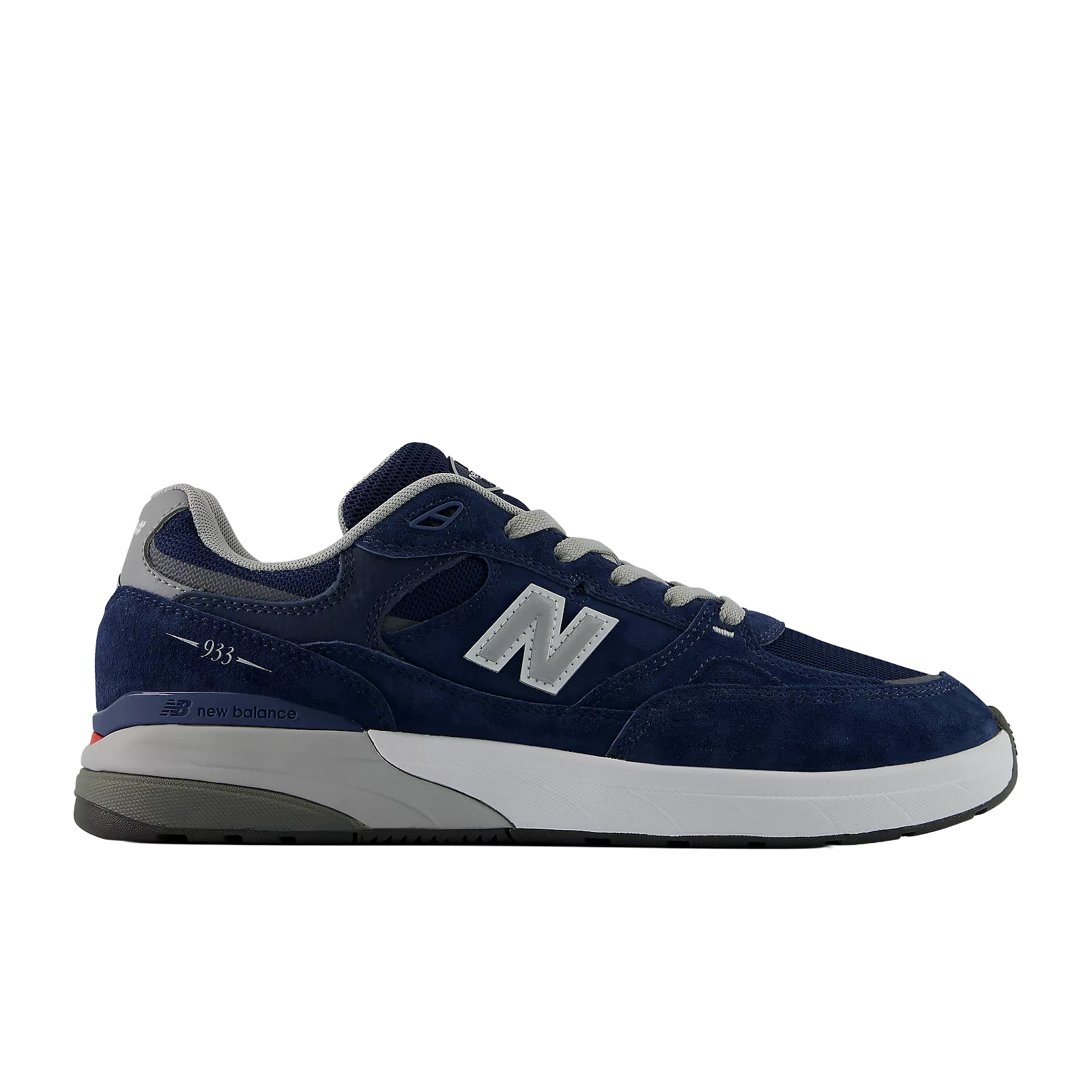 New Balance Numeric Andrew Reynolds 933 skate shoes in navy and slate grey with white accents, featuring a durable skate shoe design.