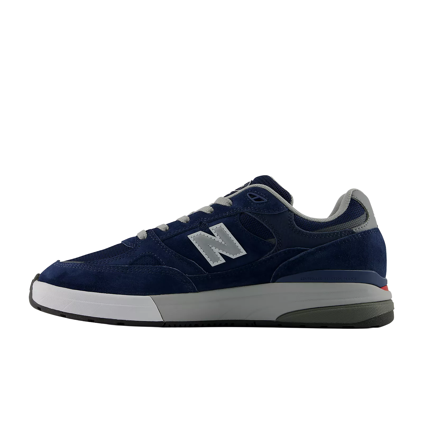 New Balance Numeric Andrew Reynolds 933 skate shoes in navy and slate grey, featuring durable design and classic skate style.