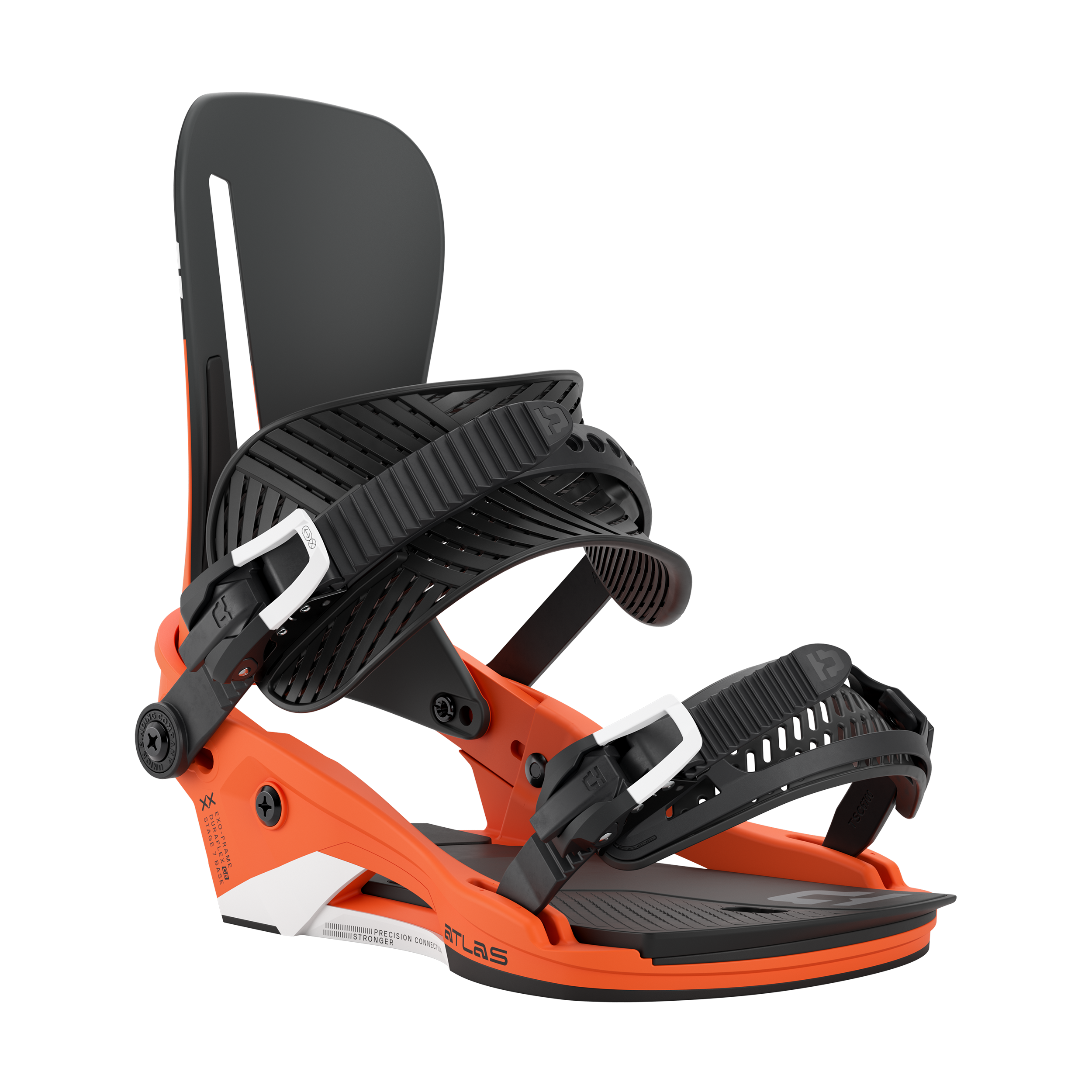 Union Atlas snowboard binding in orange, showing the front view with adjustable straps and high-back support.