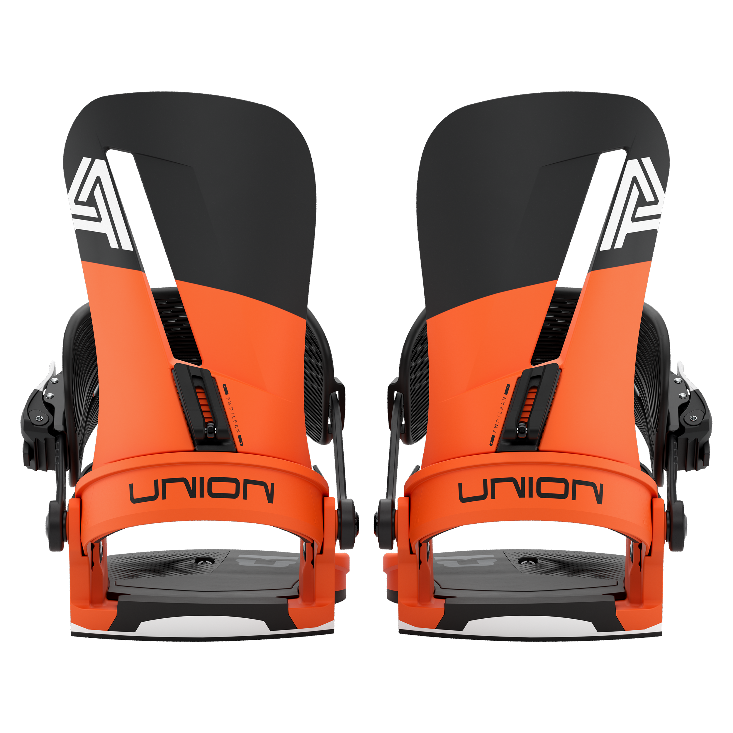 Union Atlas snowboard bindings in orange, rear view, showing the adjustable straps and high-back support for snowboarding.