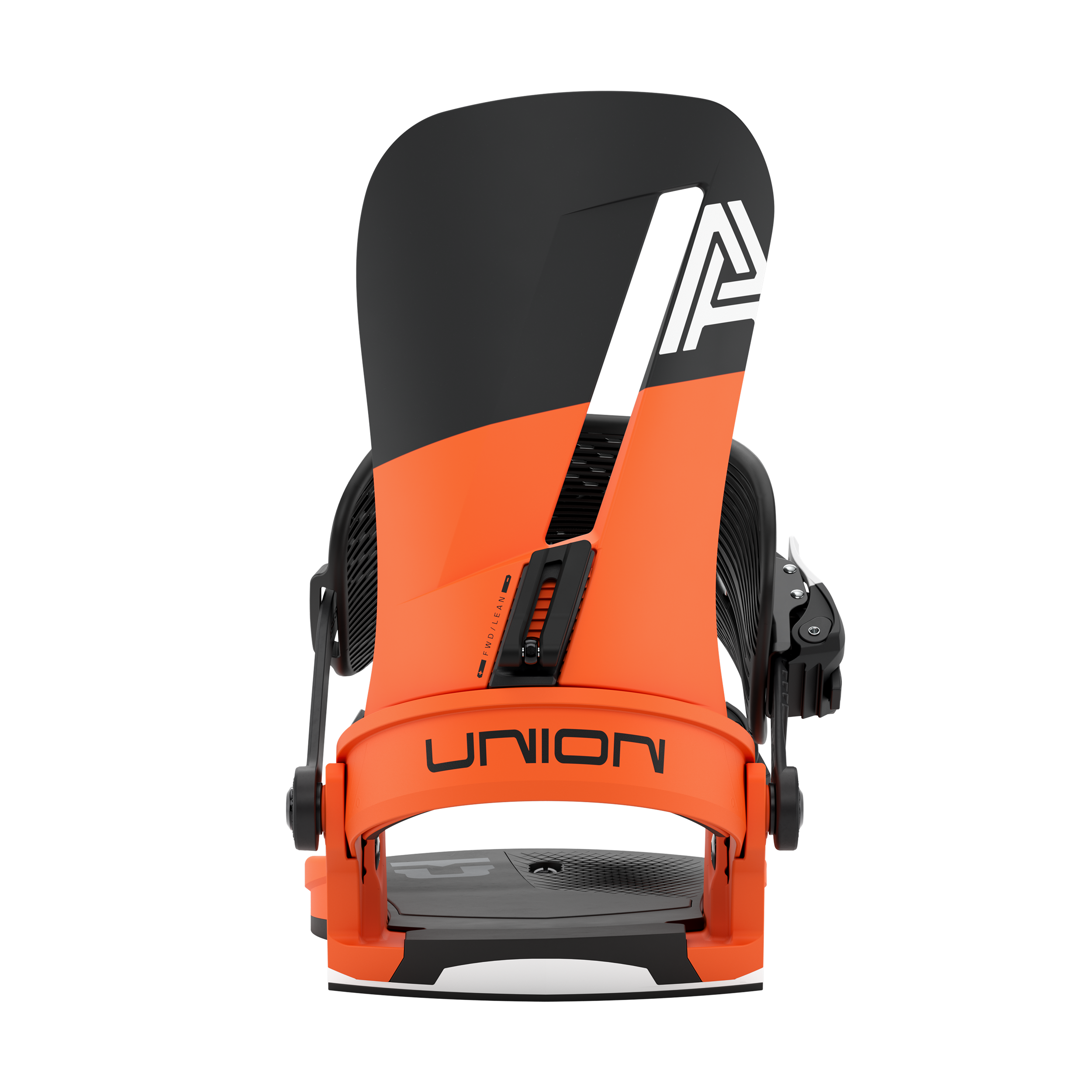 Union Atlas snowboard binding in orange, rear view, showcasing durable construction and adjustable straps for winter snowboarding.