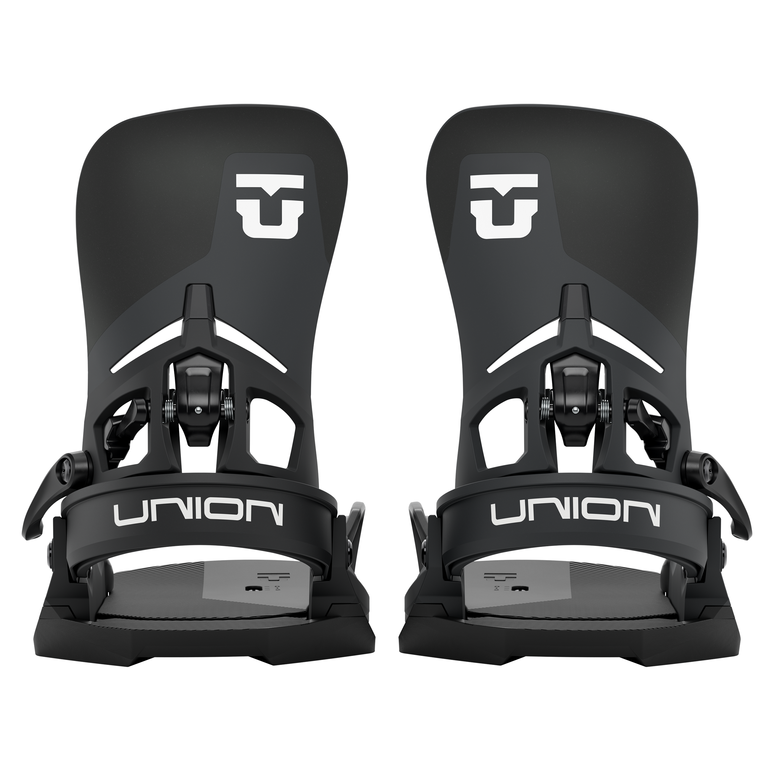 Union Atlas Step On snowboard binding in black, rear view showing strap and high-back design for snowboarding.