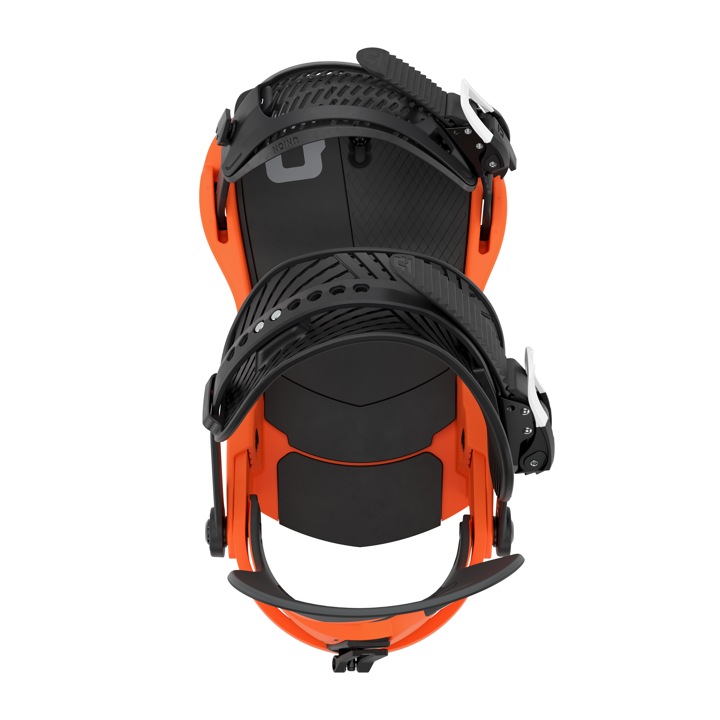 Union Atlas snowboard binding in orange, featuring adjustable straps and high-back support for snowboarding performance.