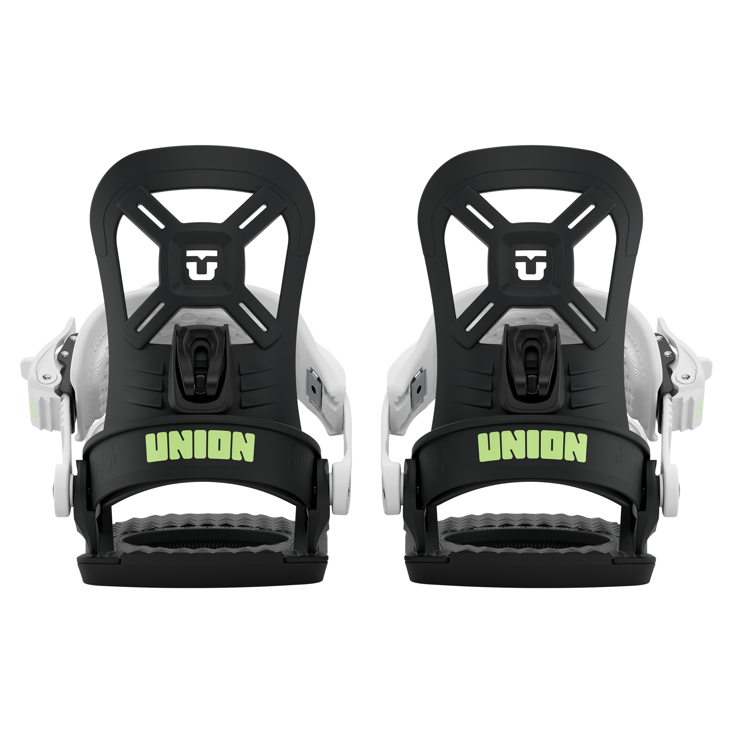 Union Cadet Mini Kids snowboard binding in black, rear view showing adjustable straps and high-back support for young snowboarders.