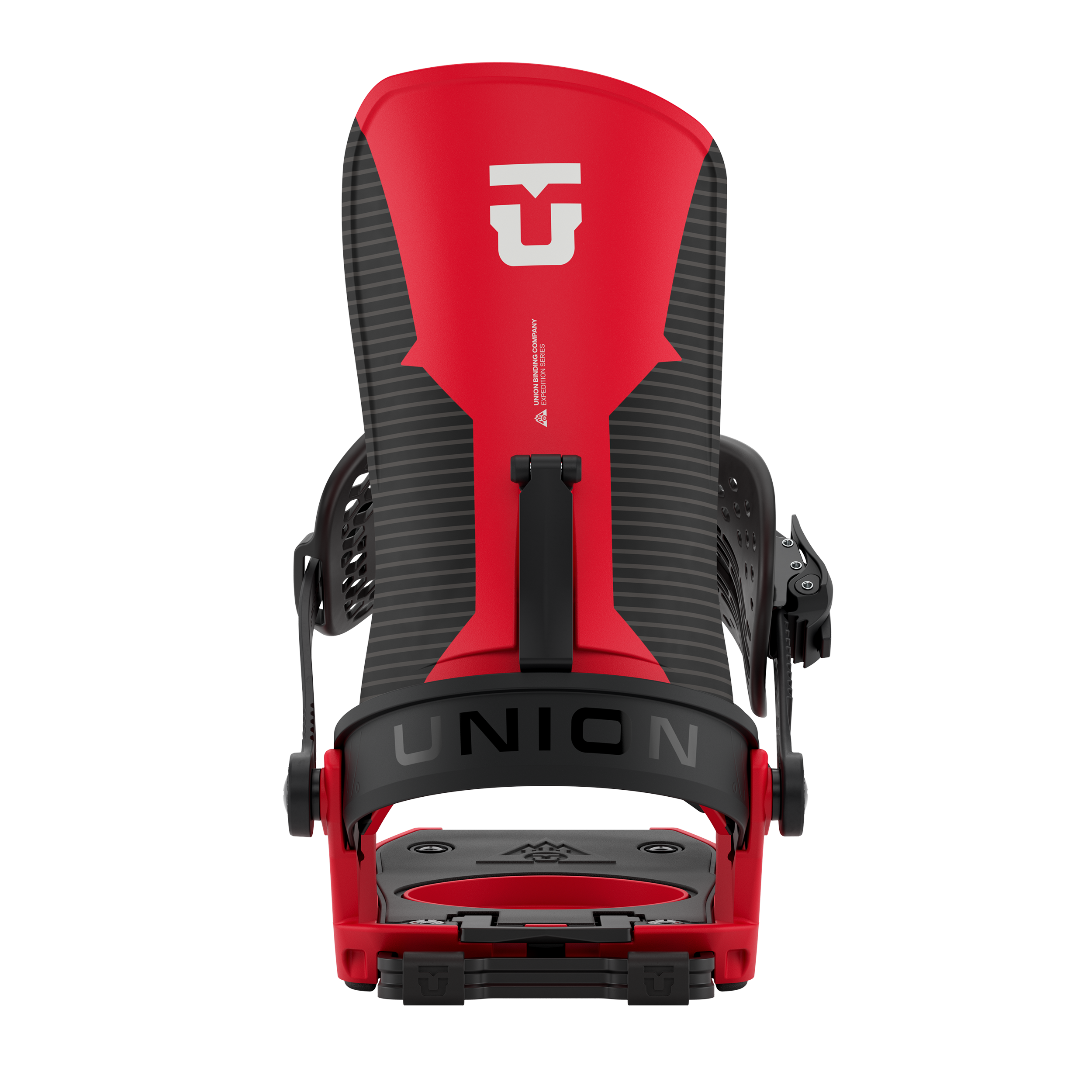 Union Charger snowboard binding in black and red, viewed from the rear, designed for snowboarding in winter conditions.