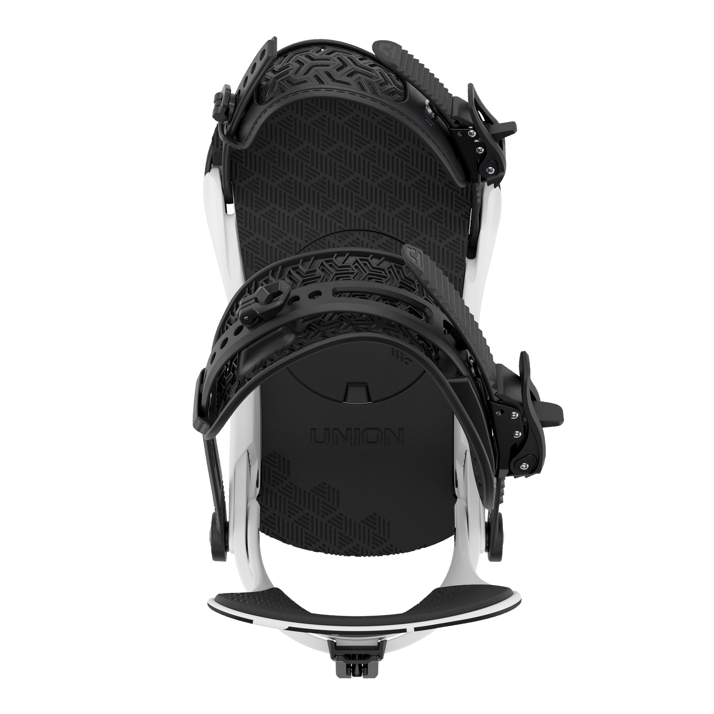 Union Contact snowboard binding in white with adjustable straps and high-back support for snowboarding.