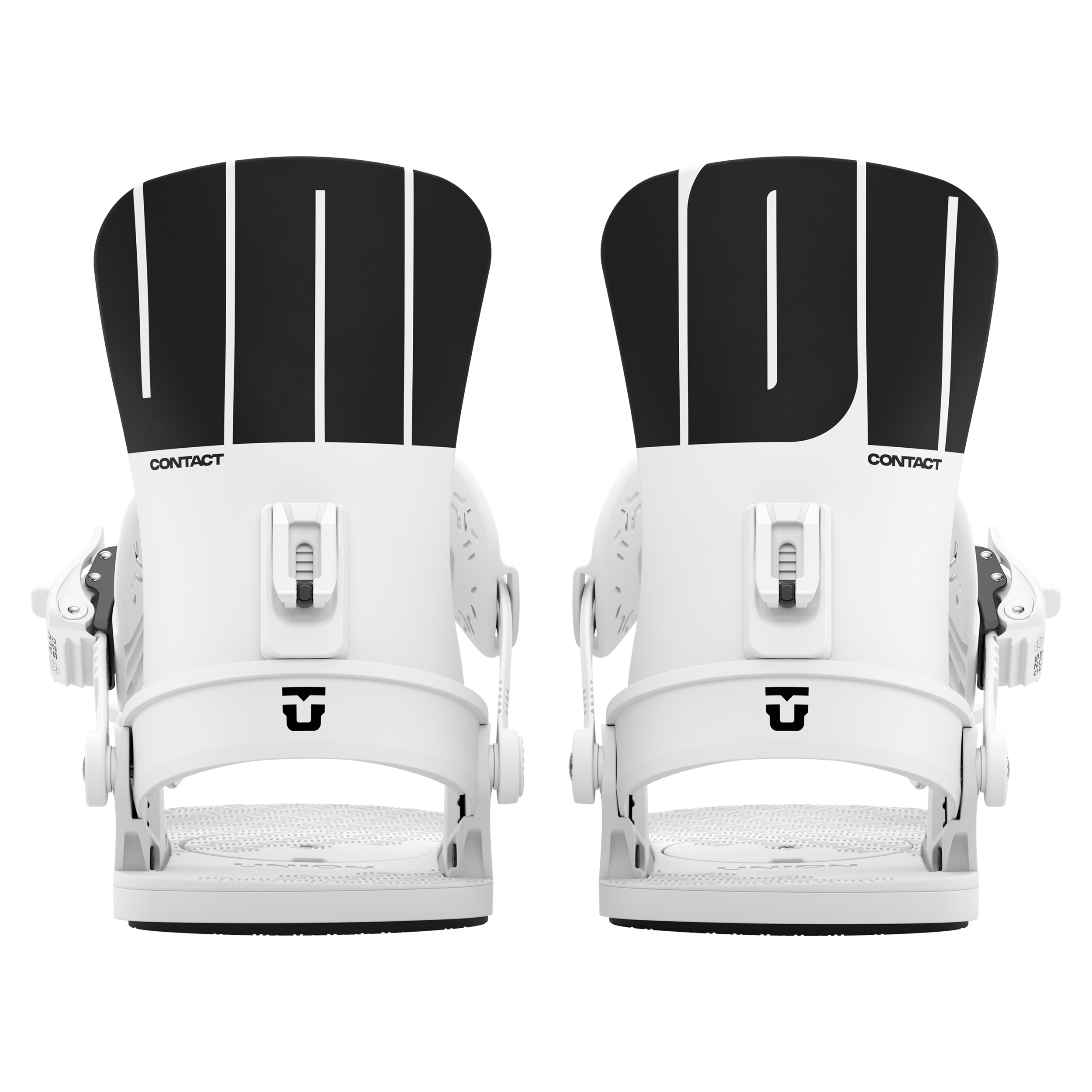 Union Contact Women's snowboard binding in white, rear view, showcasing the lightweight design and adjustable straps.