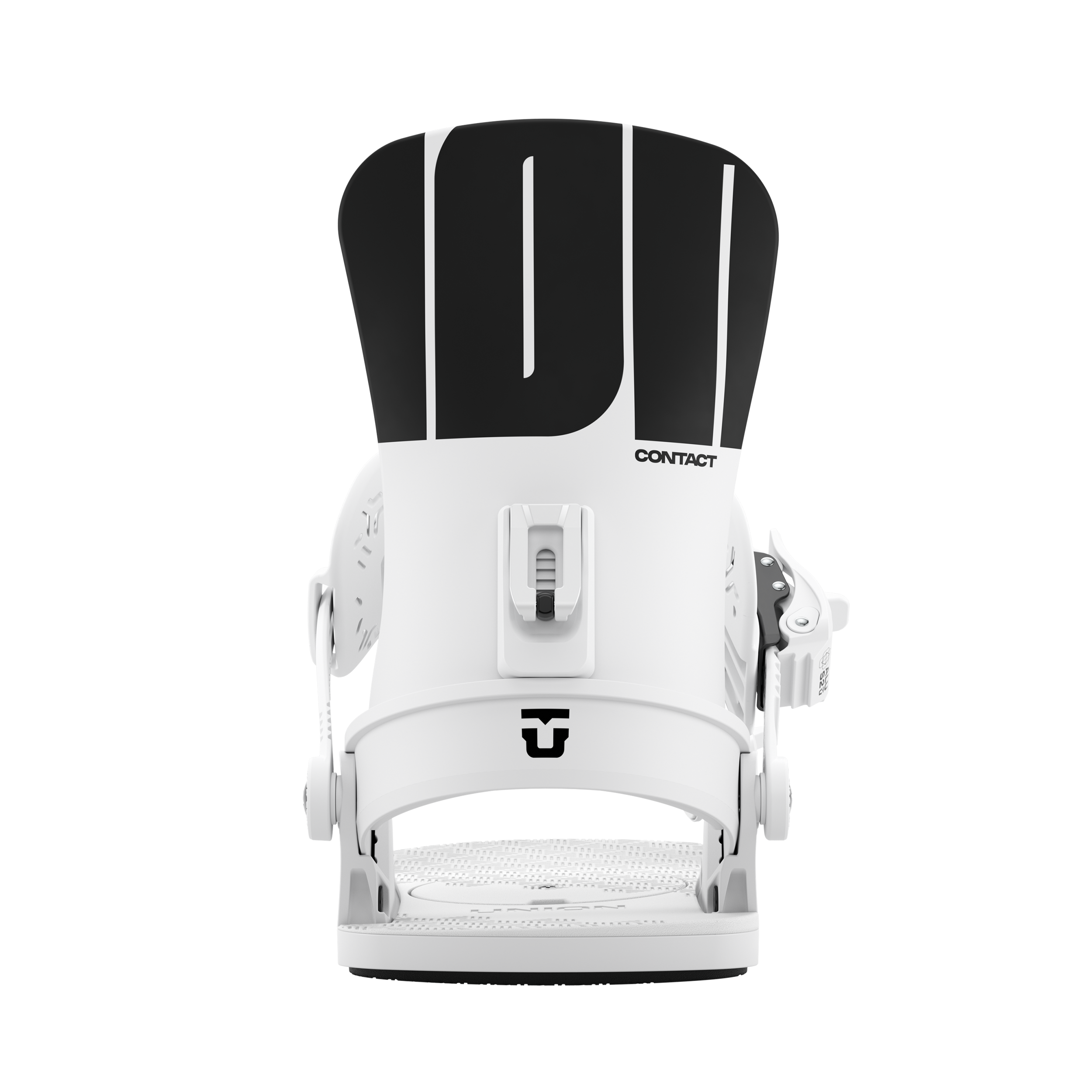 Union Contact women's snowboard binding in white, shown from the rear view, designed for snowboarding performance and comfort.