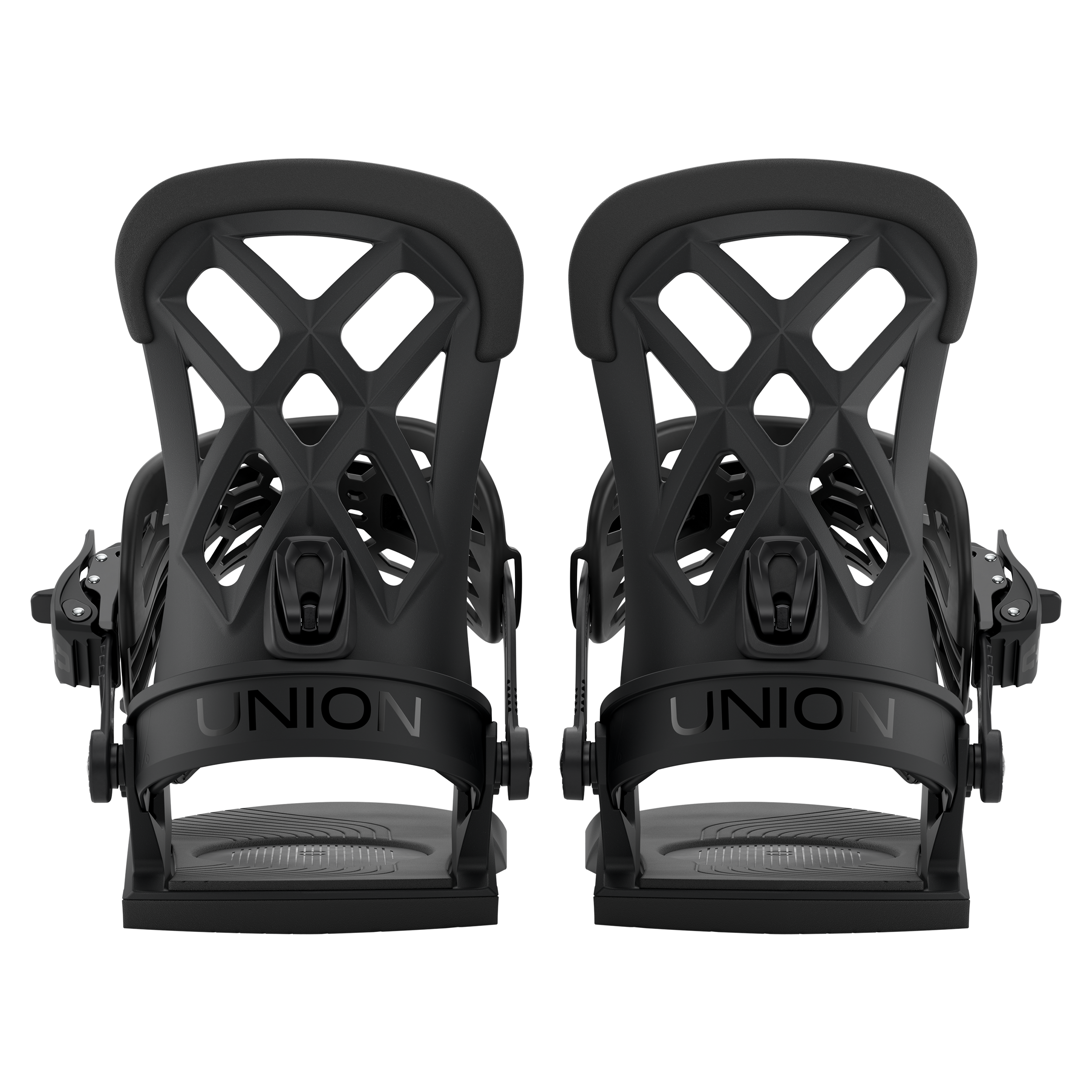Union Flite Pro snowboarding bindings in black, rear view showing strap and heel cup for snowboard gear.