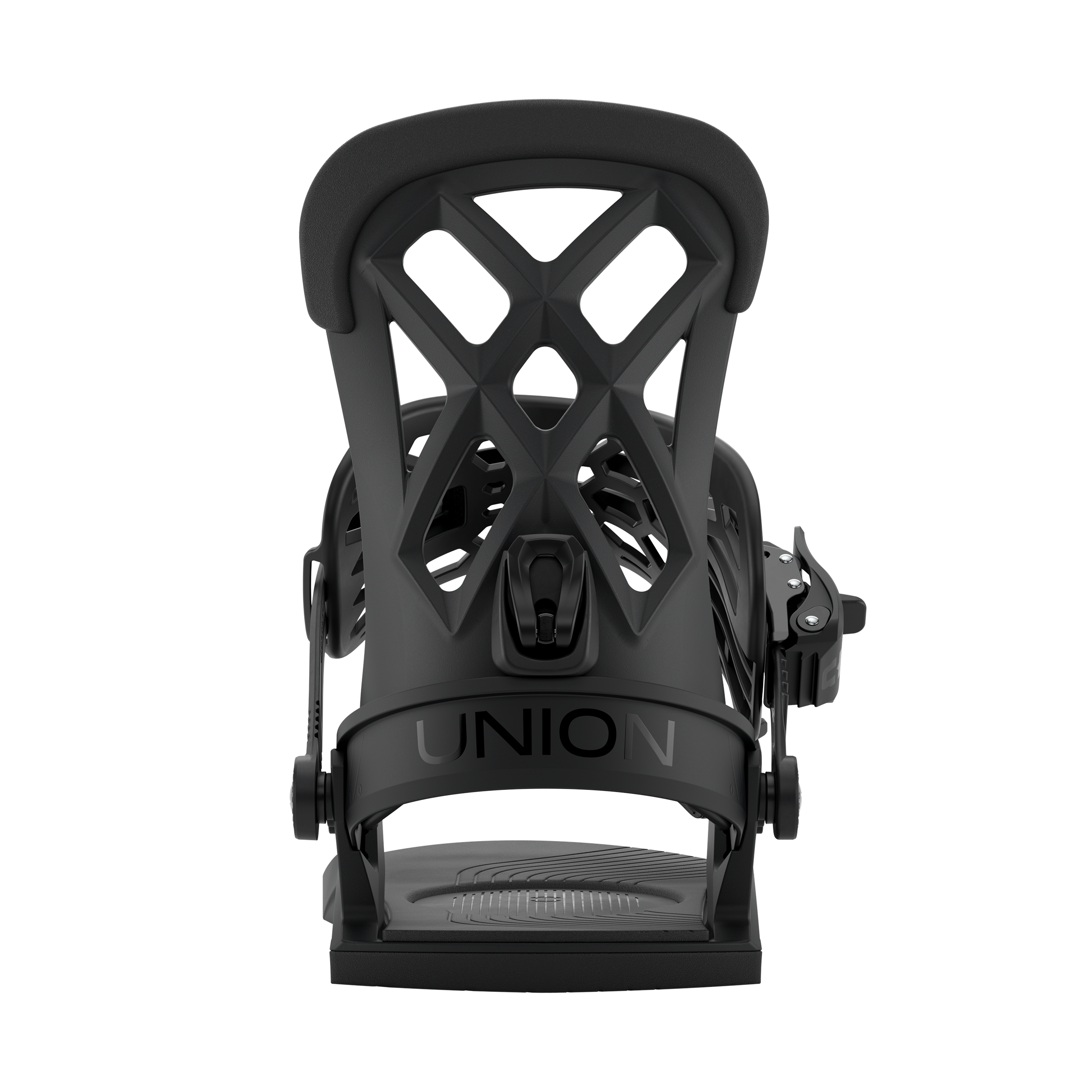 Union Flite Pro snowboard binding in black, rear view showing adjustable straps and high-back support for snowboarding.