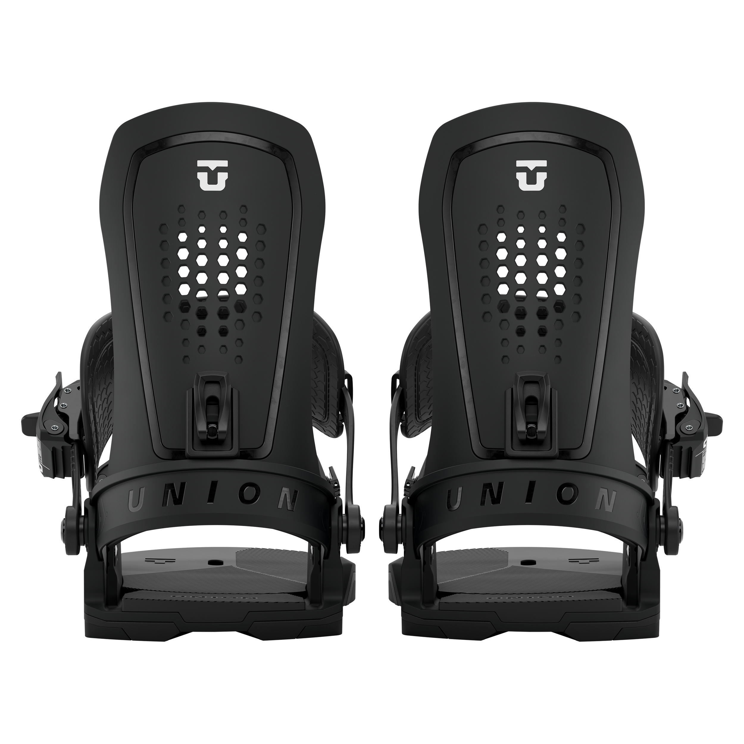 Union Force snowboard binding in black, showing rear view with adjustable straps and high-back support for snowboarding.