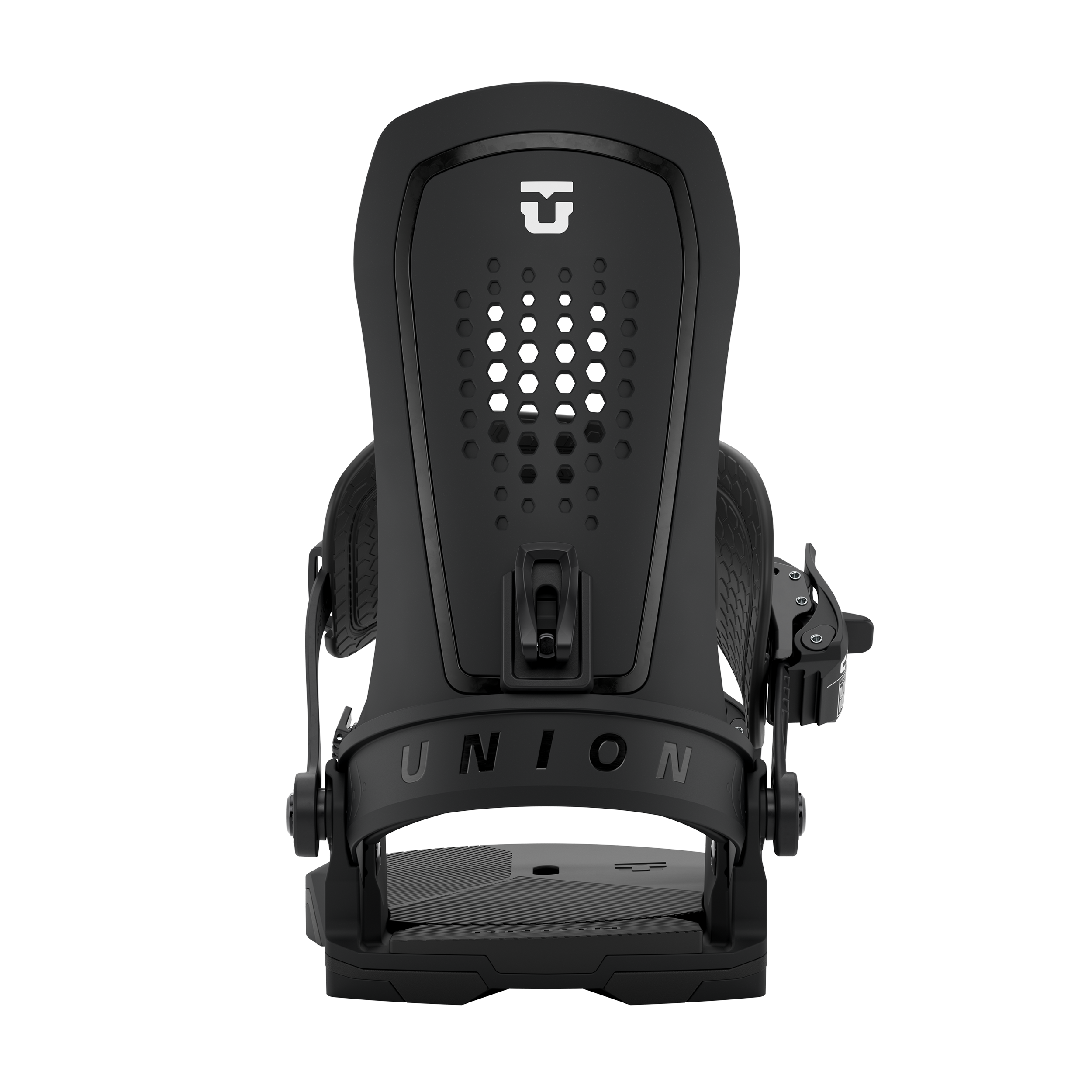 Union Force snowboard binding in black, rear view showing adjustable straps and sturdy construction for winter snowboarding.
