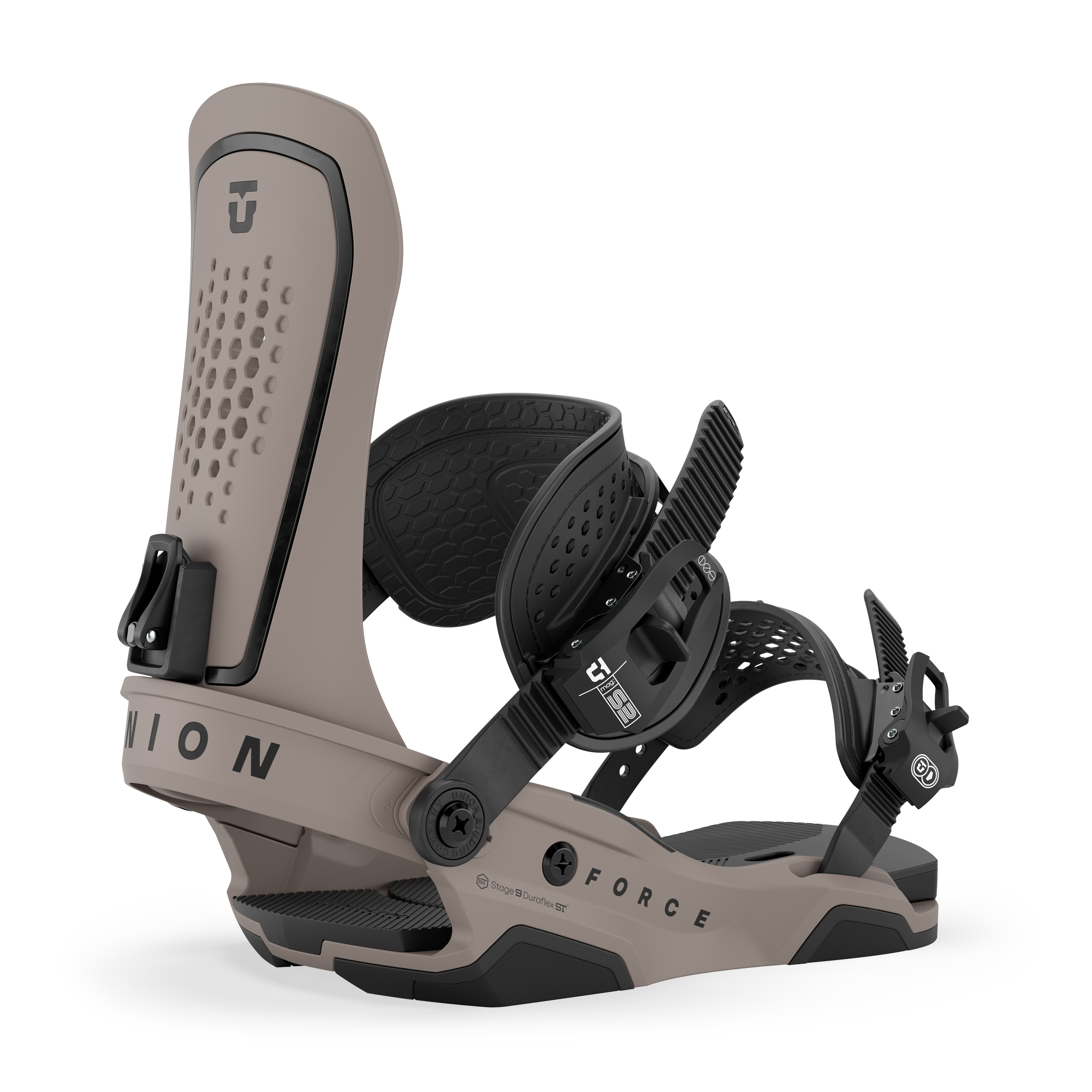 Union Force snowboard binding in brown, featuring sturdy design and adjustable straps for secure snowboarding performance.