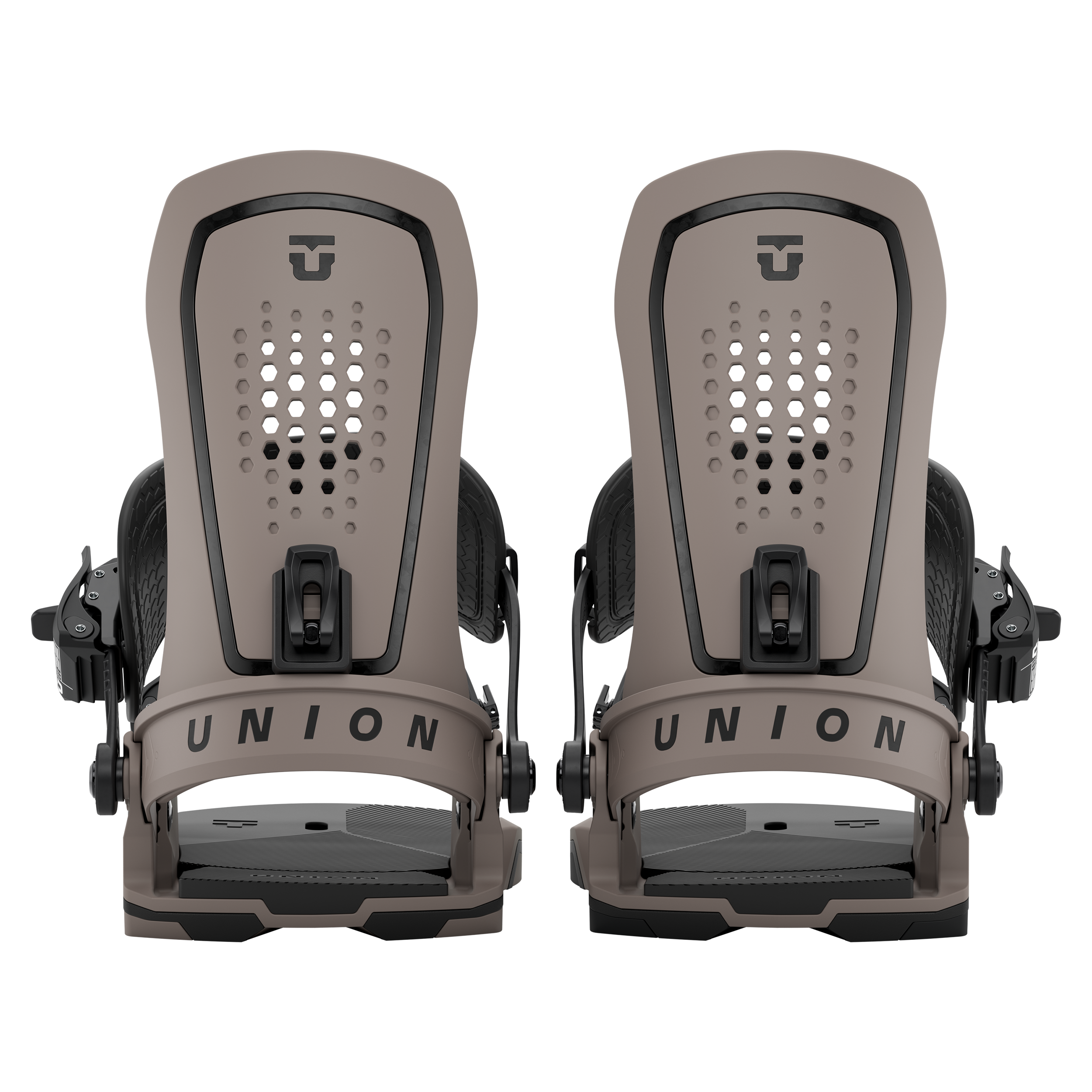 Union Force snowboard binding in brown, rear view showing full pair with straps and high-back support for winter snowboarding.