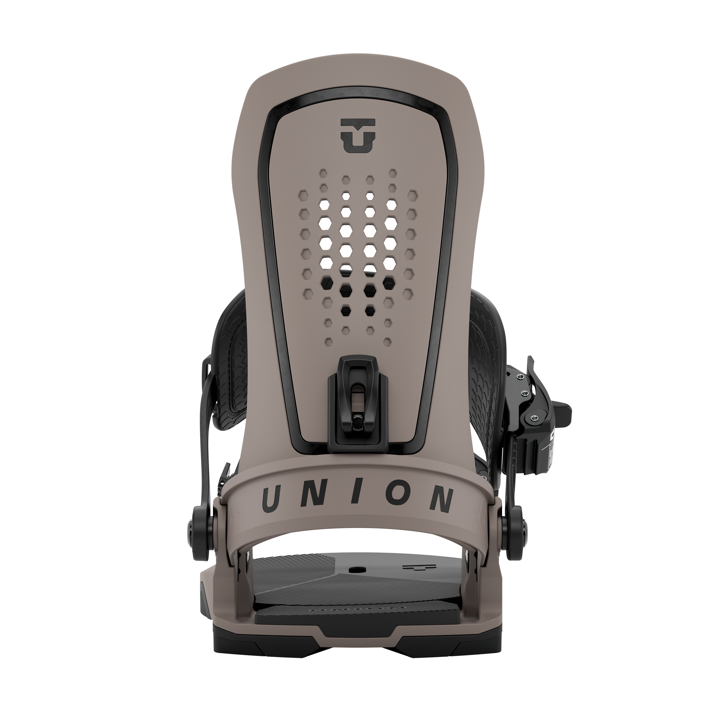 Union Force snowboard binding in brown, showing rear view with straps and high-back support, designed for winter snowboarding.