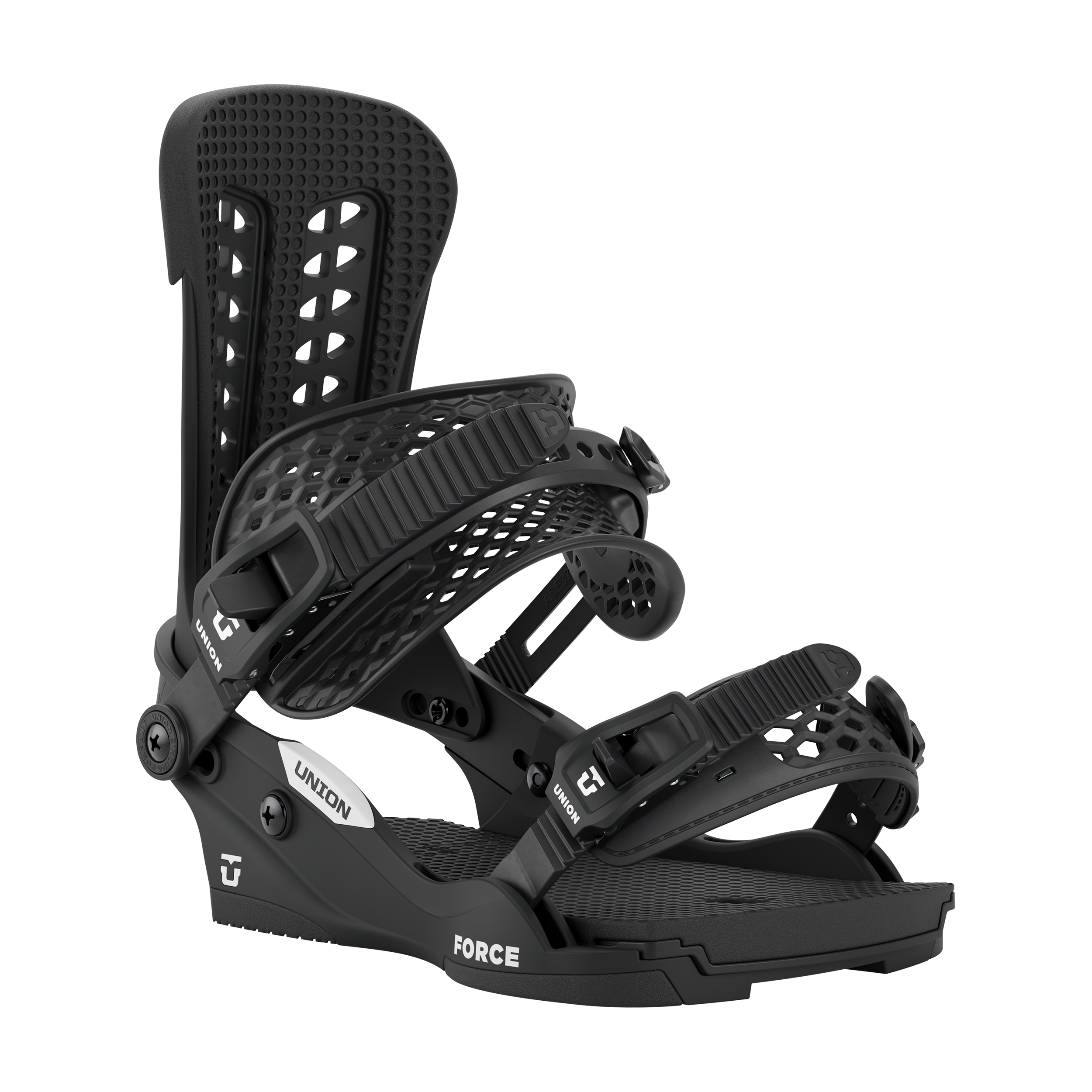 Union Force Classic snowboarding binding in black, showing front view with straps and high-back design on a snowy background
