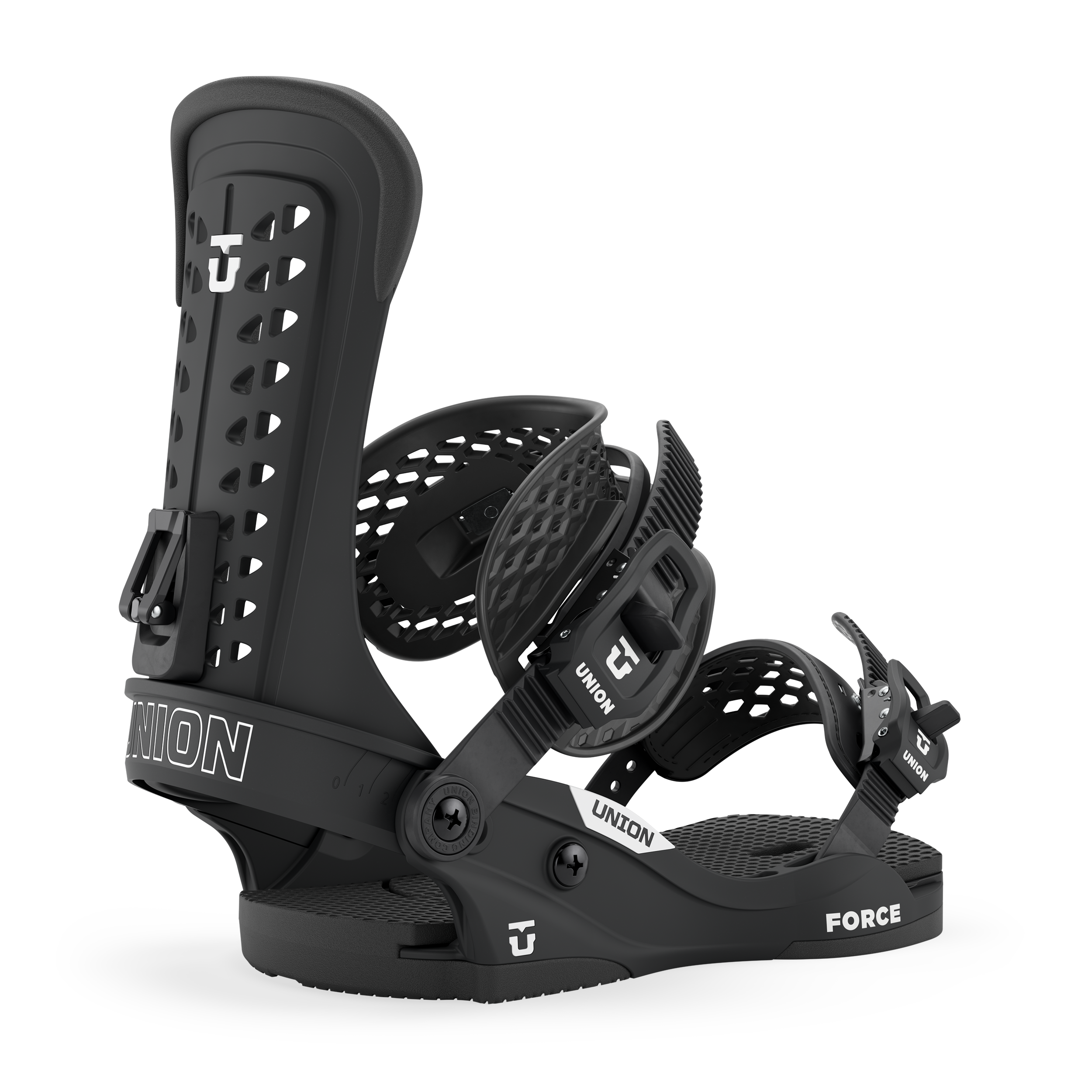 Black Union Force Classic snowboard binding mounted on a snowboard, showcasing durable straps and high-performance design.