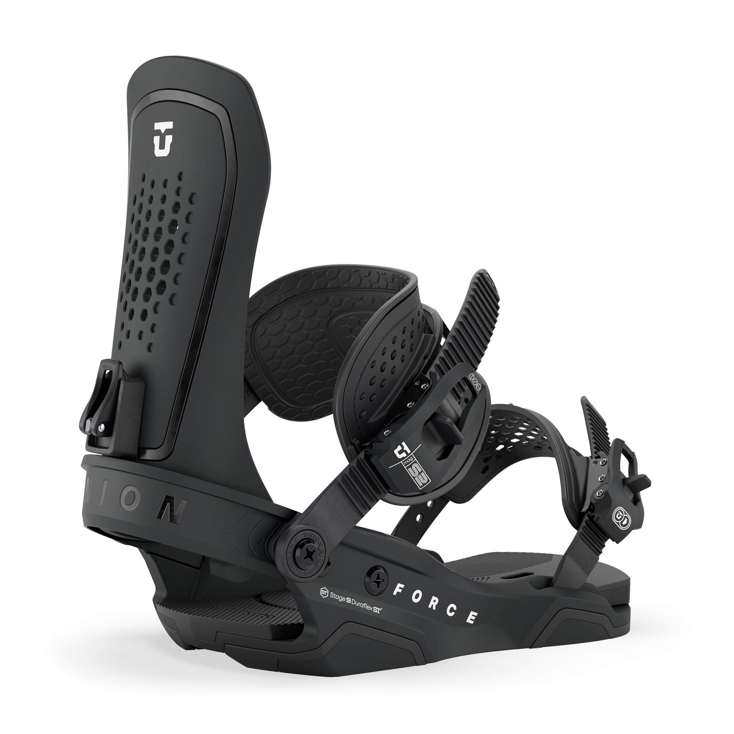 Union Force snowboard binding in black, designed for snowboarding, showcasing durable construction and secure strap system.