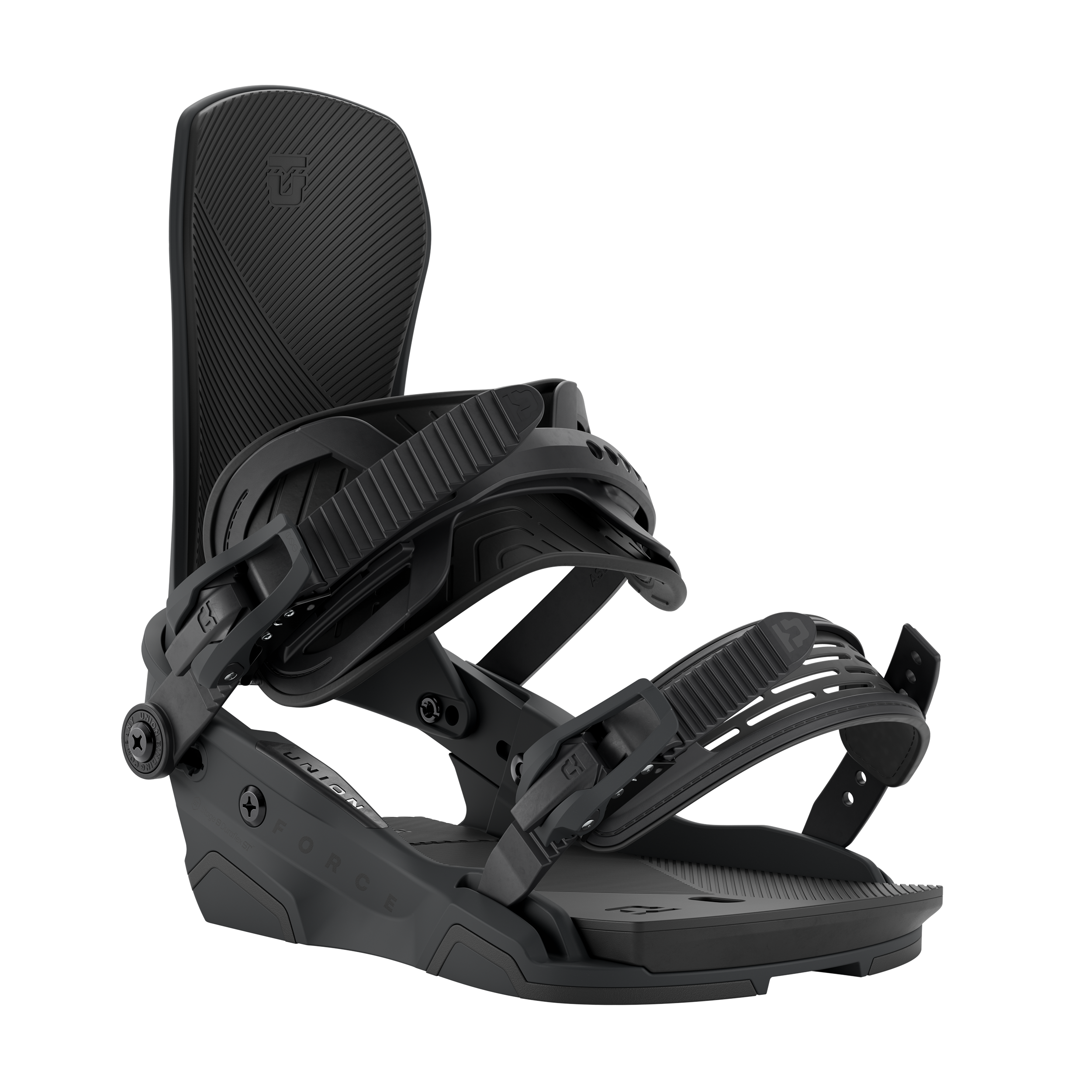 Union Force Team snowboard binding in black, featuring straps and high-back design for snowboarding performance.