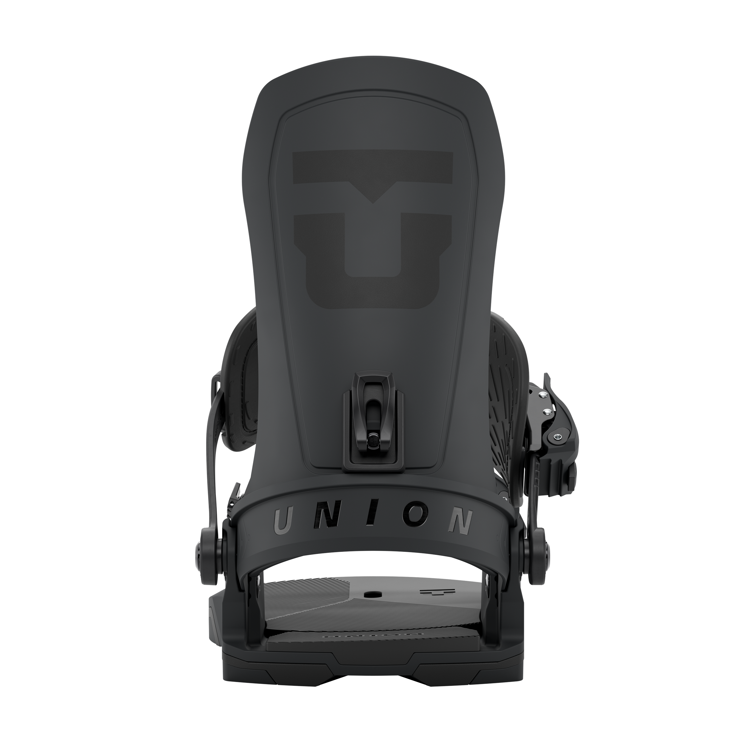 Black Union Force Team snowboard binding with rear view, designed for snowboarding performance and durability.